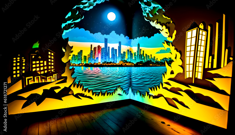 Poster open book with picture of city in the middle of it. generative ai.