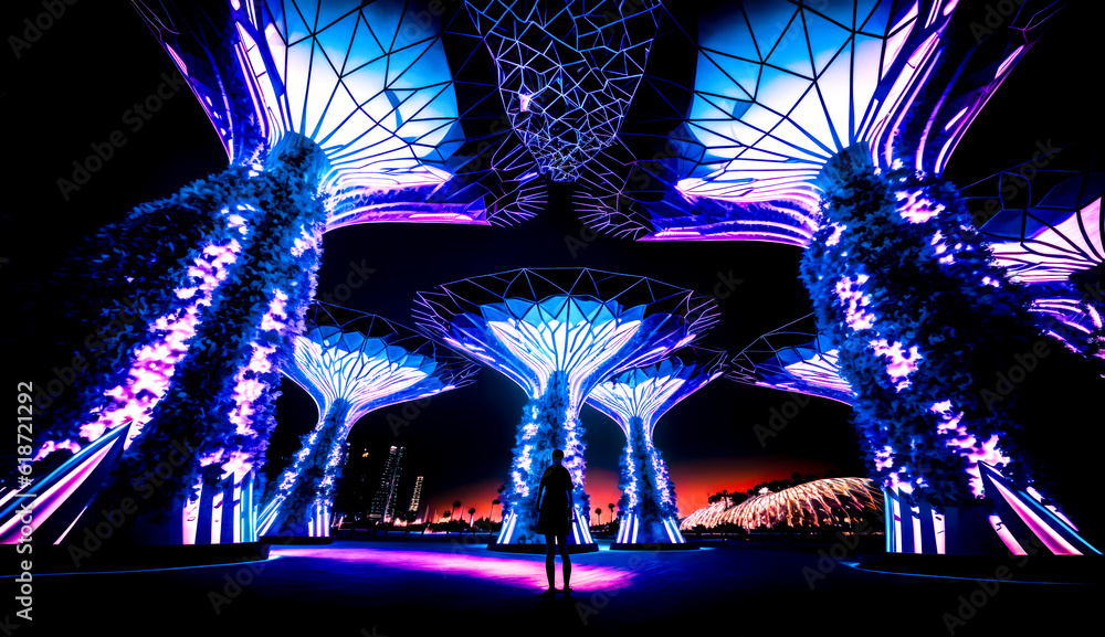 Poster person standing in front of building with lights on it at night. generative ai.
