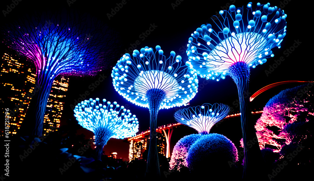 Aufkleber bunch of trees that are lit up in the night sky with lights on them. generative ai.