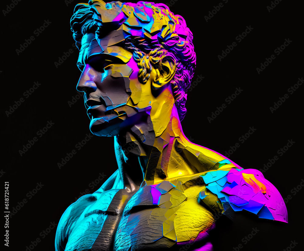 Poster statue of man with colorful paint on it's face and chest. generative ai.
