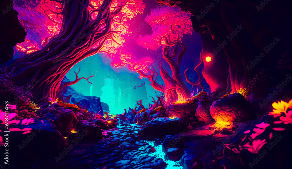 Poster painting of forest with stream of water in the middle of it. generative ai.
