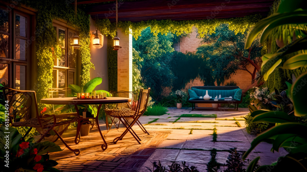 Poster patio with table and chairs and couch in the back yard. generative ai.