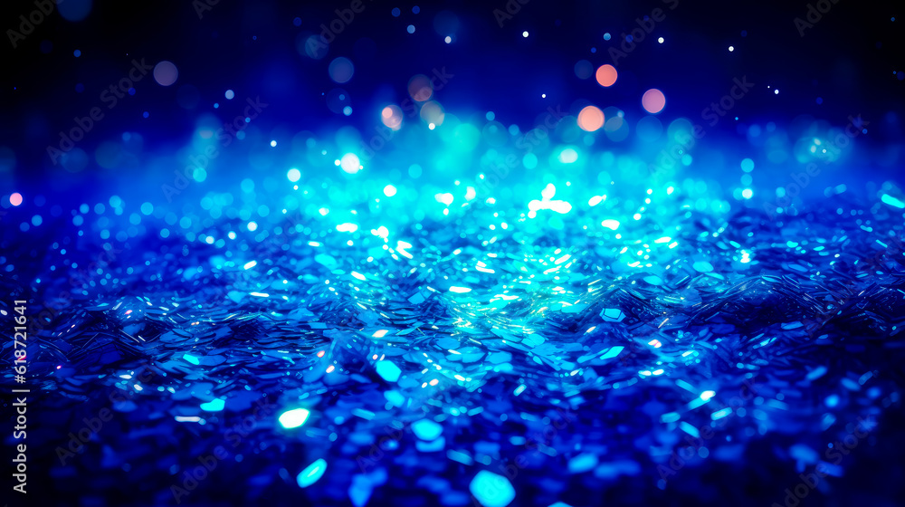 Poster blue and black background with lots of small circles of light on it. generative ai.