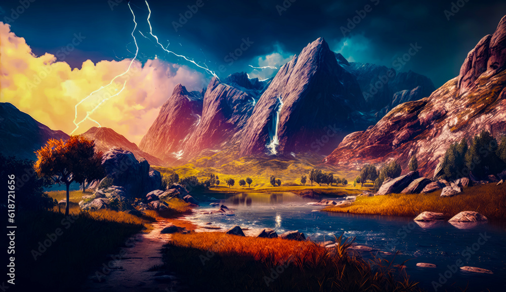 Poster painting of mountain scene with lake in the foreground and lightning in the background. generative a