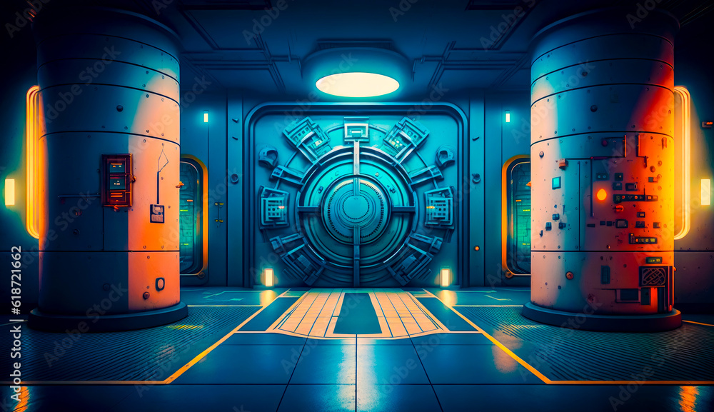Poster sci - fi room with large door and some lights in it. generative ai.