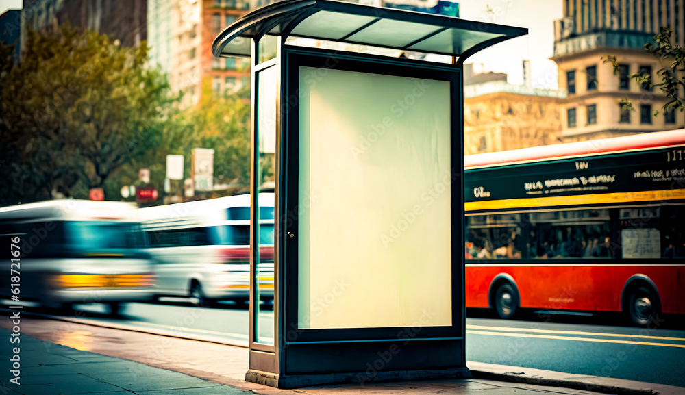 Poster bus stop on the side of the road with bus in the background. generative ai.