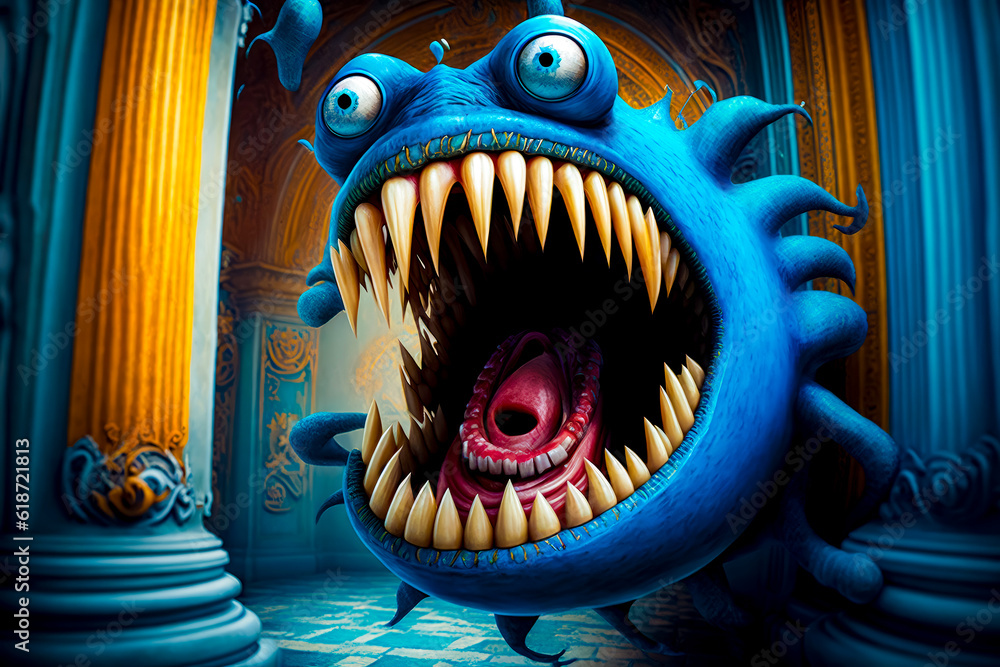 Poster blue monster with its mouth open and it's teeth wide open. generative ai.