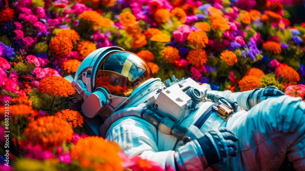 Poster man in space suit is laying in field of colorful flowers. generative ai.
