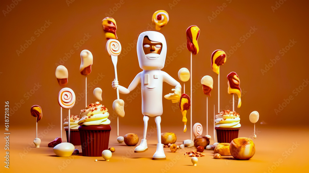 Aufkleber cartoon character standing in front of cupcakes and marshmallows. generative ai.