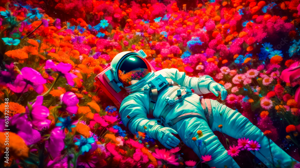 Poster man in space suit laying on the ground in field of flowers. generative ai.