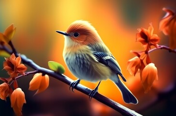 An illustration of a delightfully beautiful nightingale bird on a flowering tree in spring. Made with Generative AI technology