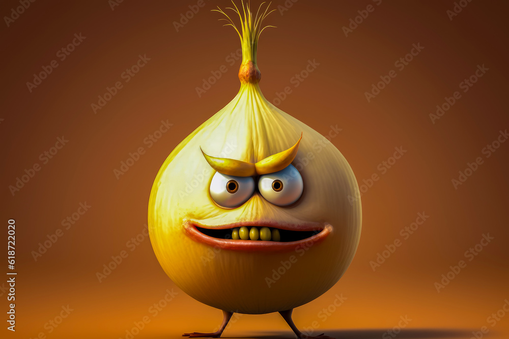 Poster onion character with frown on his face and frown on his face. generative ai.