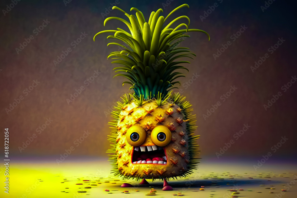 Aufkleber digital painting of pineapple with its mouth open and eyes wide open. generative ai.