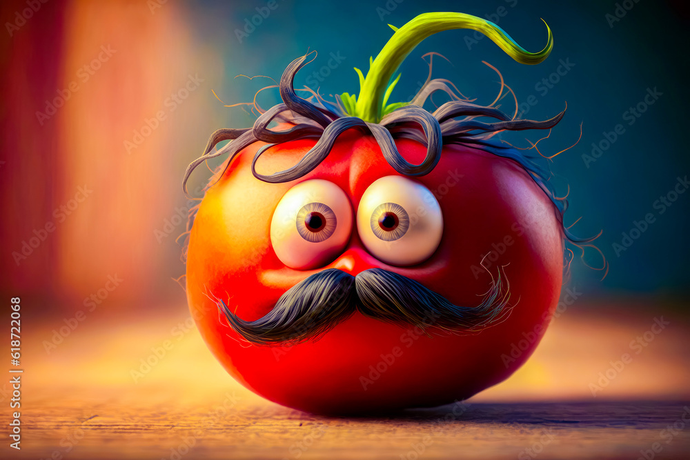Poster tomato with moustache on it's face and mustache. generative ai.