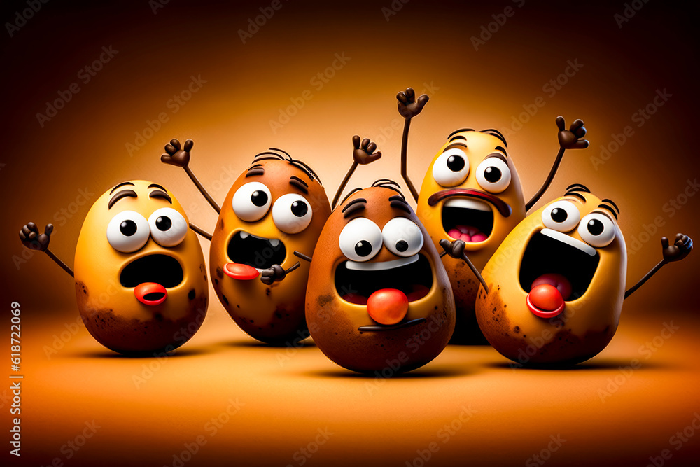 Poster group of potato characters standing next to each other with their arms in the air. generative ai.