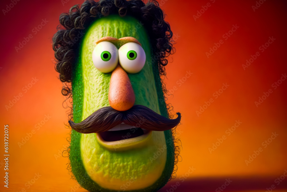 Poster close up of face on cucumber with mustache. generative ai.