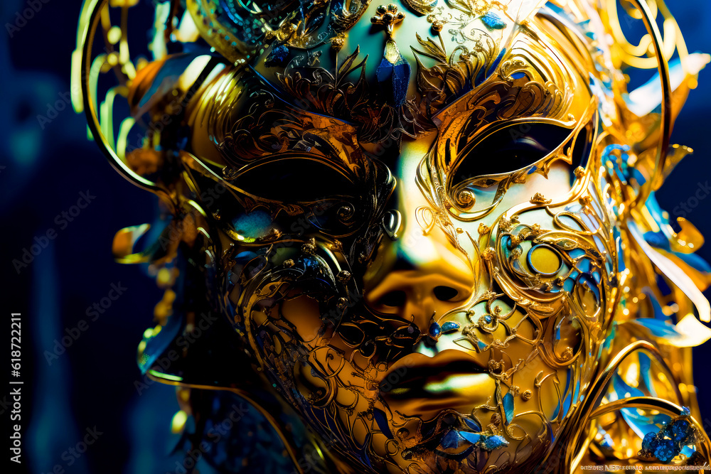 Poster close up of person's face with mask on it. generative ai.