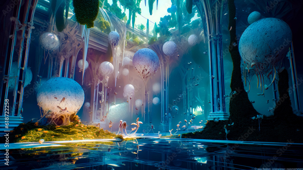 Poster fantasy scene with pond and bunch of balloons floating in the air. generative ai.