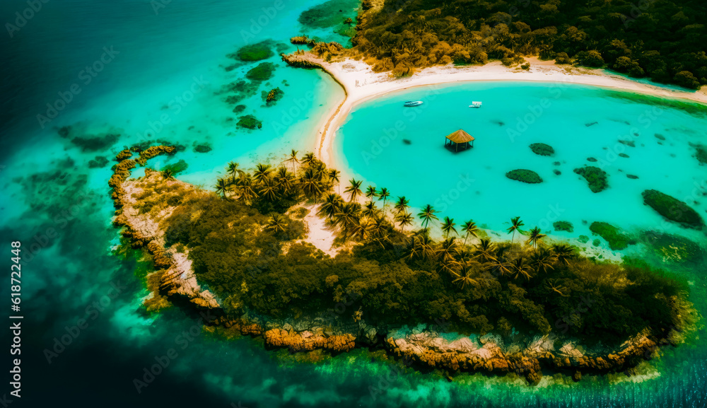 Poster aerial view of tropical island in the middle of the ocean with palm trees. generative ai.