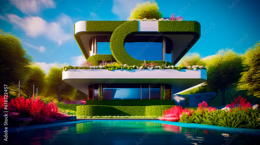 Poster futuristic house with pool in the foreground and garden on top of it. generative ai.