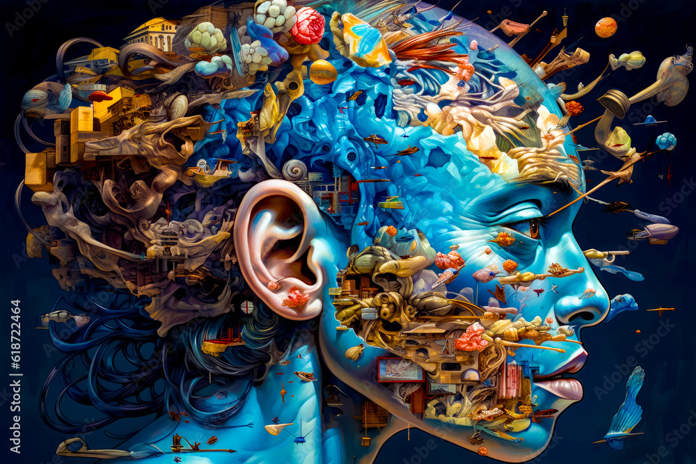 Poster painting of man's head with many different things in it. generative ai.