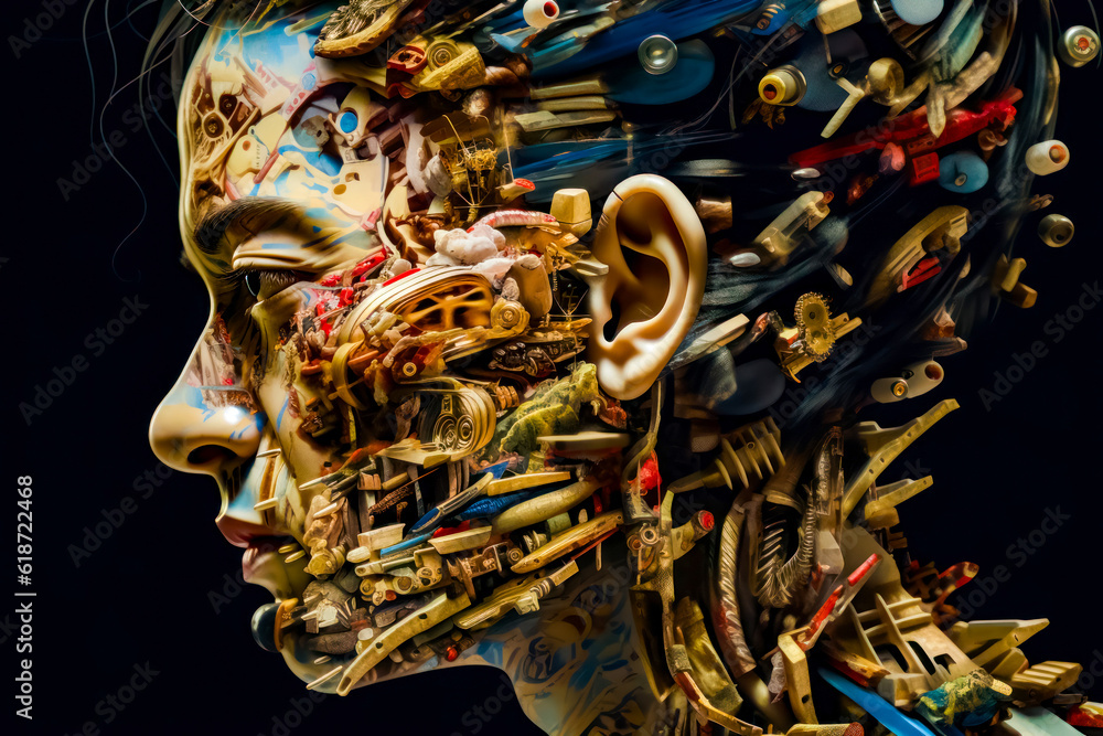 Aufkleber woman's face made up of many different types of items and tools. generative ai.