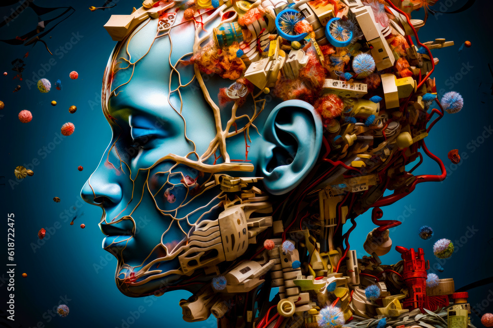 Aufkleber woman's head is made up of many different types of objects. generative ai.