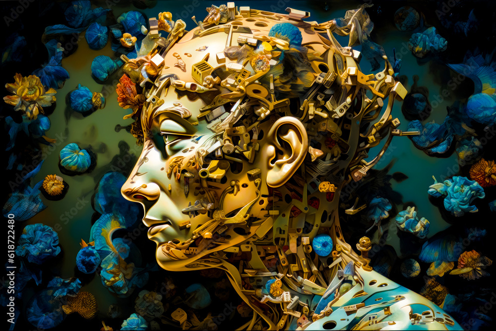 Poster man's face is made up of many different parts of the body. generative ai.