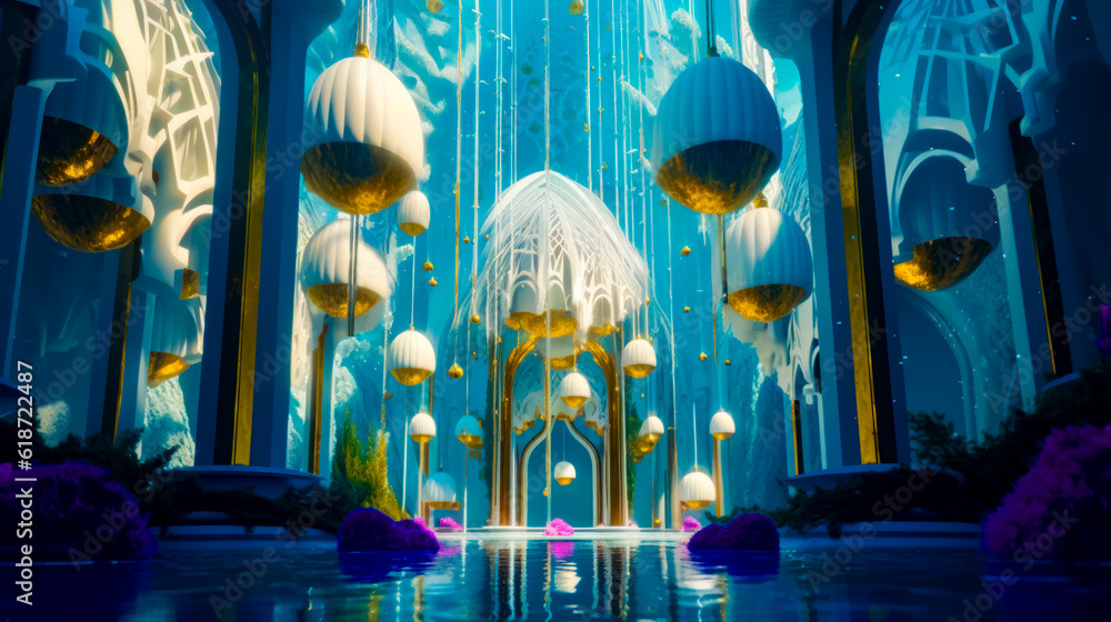 Poster large blue and white building with lots of lights on the ceiling and pool in front of it. generative