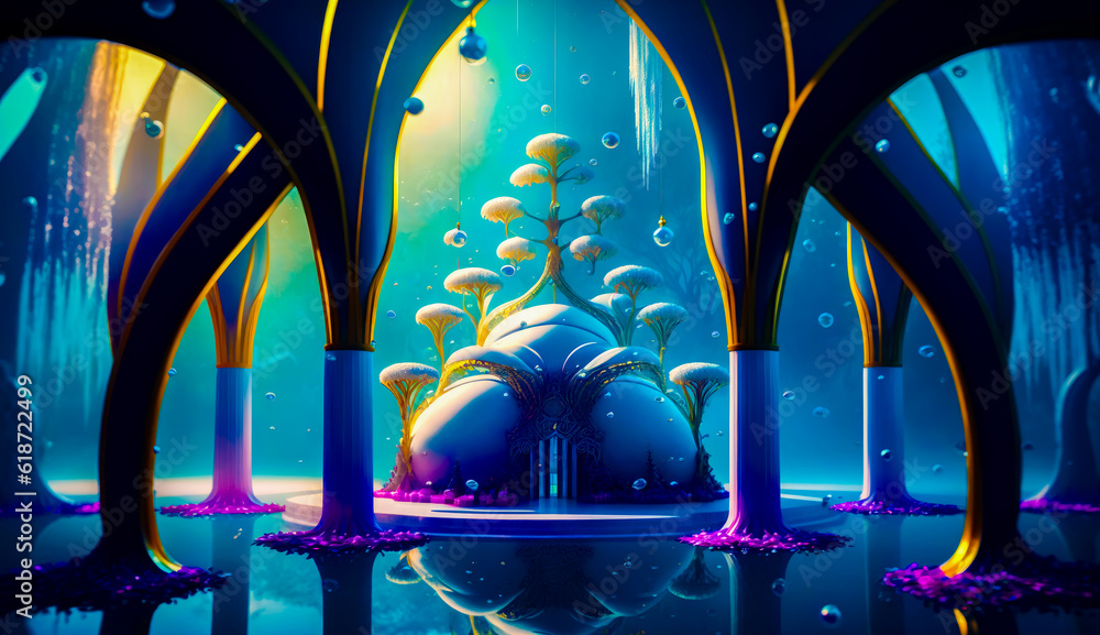 Poster painting of underwater scene with building and trees in the background. generative ai.