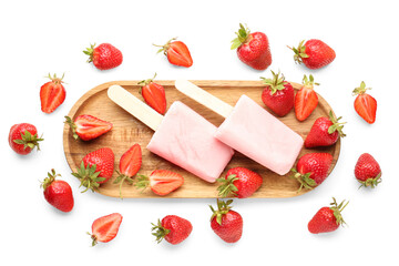 Wooden board with sweet strawberry ice-cream popsicles on white background