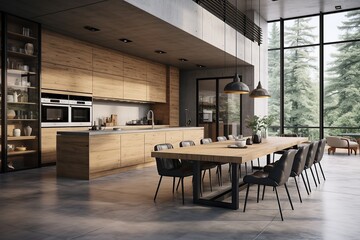 Interior of modern kitchen with wooden walls, tiled floor, gray countertops and wooden cupboards. Generative Ai