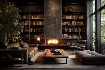 Luxury interior, living room with fireplace and bookshelf. Generative Ai