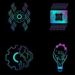 Set of Technology icons vector for Brain AI concepts, and AI vector design for website, UX and UI styles, Four icons of AI generation illustration symbol, on dark backgroun