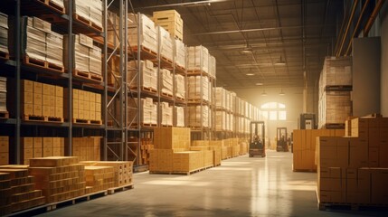 Warehouse interior with shelves and rows of boxes.