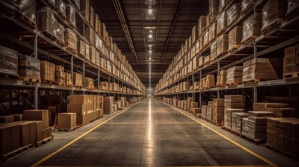 Warehouse interior with shelves and rows of boxes.