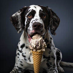 AI generation, illustration. The dog eats ice cream.