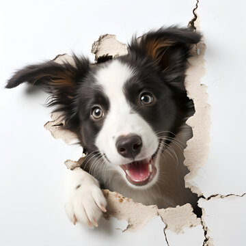 Illustration, AI generation. The head of a Border Collie dog peeks out of a hole in a solid wall.