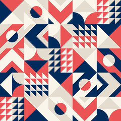 Fototapeta premium Geometric Mosaic Abstract Pattern Decorative Ornament Background Seamless Vector Illustration White Blue Red