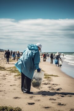 Ecology volunteers cleaning beach from plastic garbage and trash. Group of active people cleaning seaside. Ecology protection movement and ocean pollution problems concept.