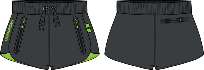 Retro Running trail Shorts jersey design flat sketch Illustration, Athletic Short shorts concept with front and back view for tracking active wear shorts design.