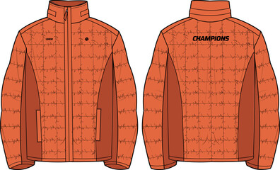 Quilted Puffer cirrus insulated jacket design flat sketch Illustration, Down puffa lite jacket with Zipper front and back view, winter jacket for Men and women. for training, Running in winter. - obrazy, fototapety, plakaty