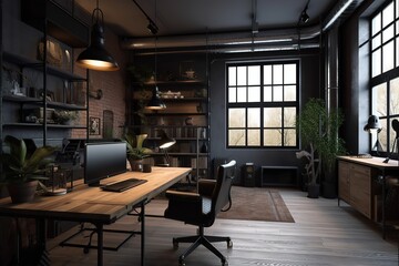 Fototapeta na wymiar Luxury Workspace Office Decorated with Industrial Loft Design for Men