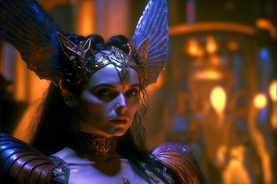 dvd filmgrab from 1987 Dark Fantasy film Temple of the Dark Moon butterfly princess warrior long purple hair orange and gold costume flying in futuristic palace cinematic lighting neon lights 