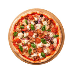 Mediterranean Pizza On Round Wooden Board Plate On Isolated Transparent Background, Png. Generative AI
