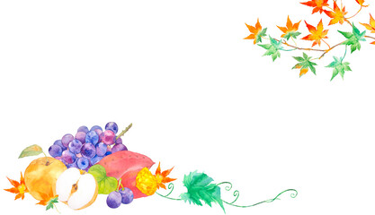 Naklejka premium 秋の美味しそうなフルーツ盛り合わせ水彩背景フレームイラスト