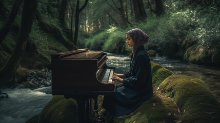 Fototapeta premium Young woman playing piano at nature