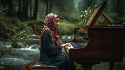 Fototapeta premium Young woman playing piano at nature