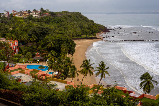 Beautiful aerial view of the Dona Paula coastline depicting a dramatic monsoon setting and holiday mood at Donapaula Goa India