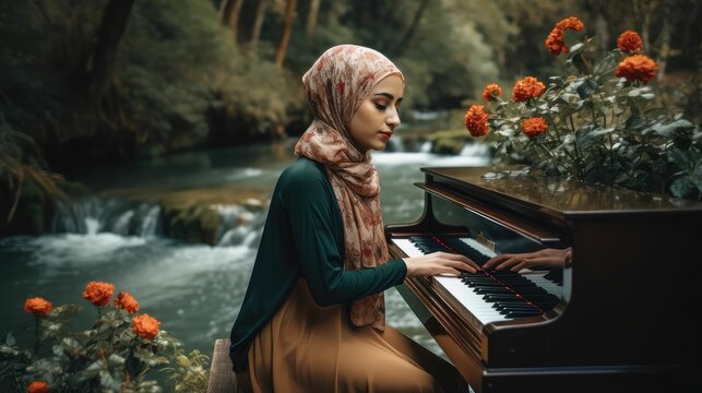 Young woman playing piano at nature